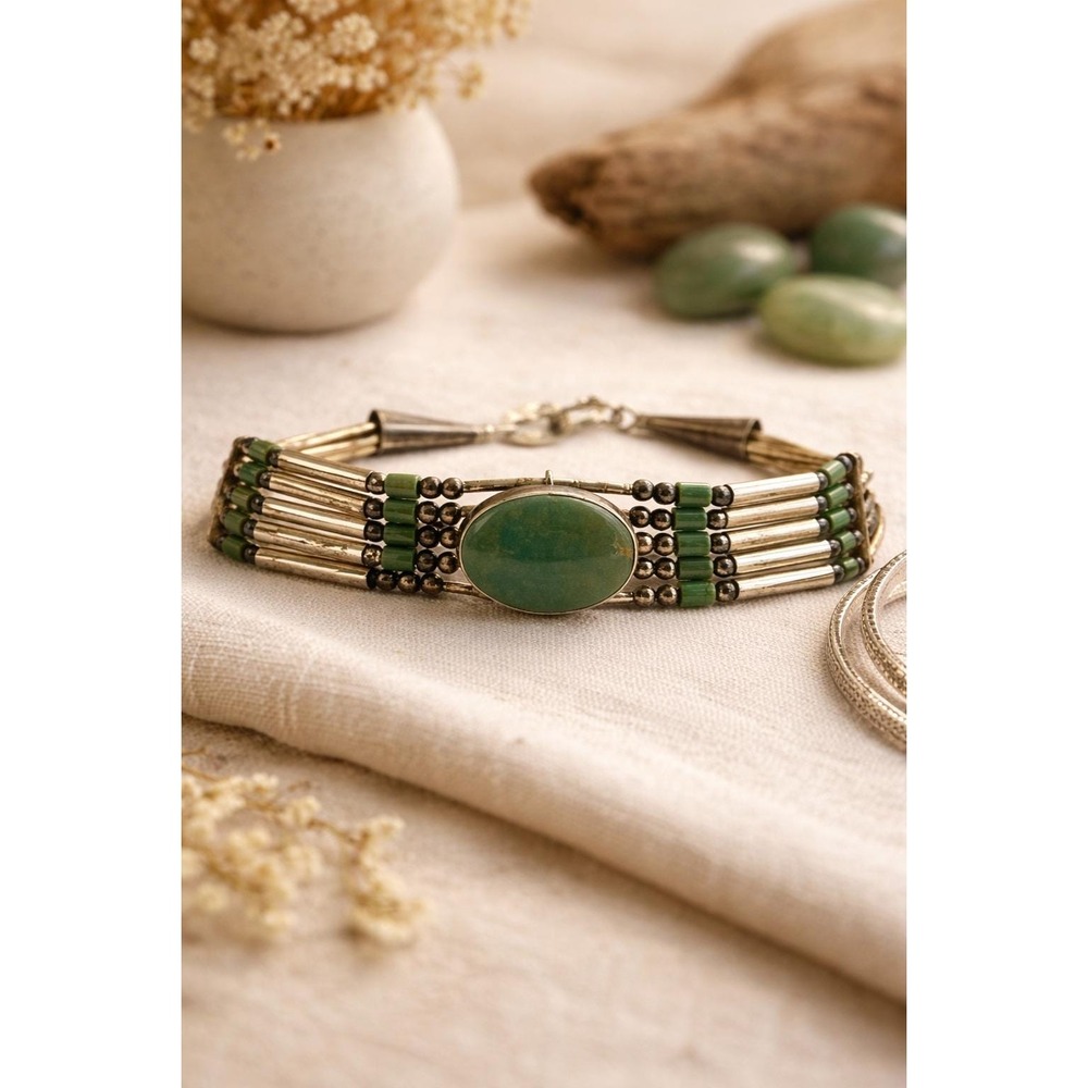 Sterling Silver‎ Liquid Bead Bracelet Green Stone Cabochon Southwest